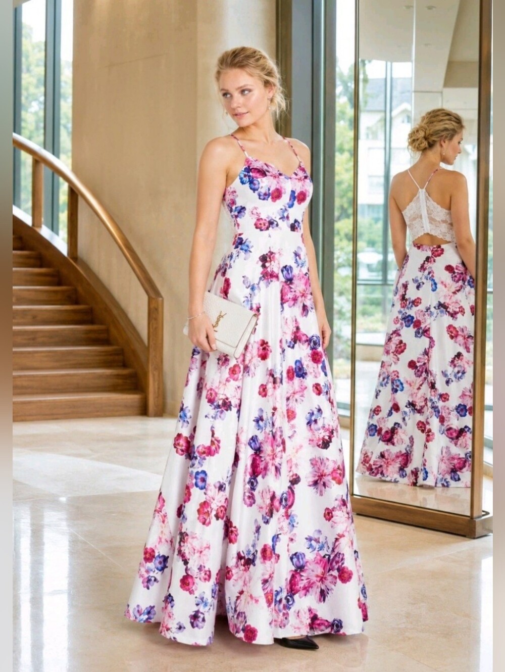 CITY STUDIO Sz 11 White Fuchsia Floral Sparkl Floor Length Graduation Prom Dress